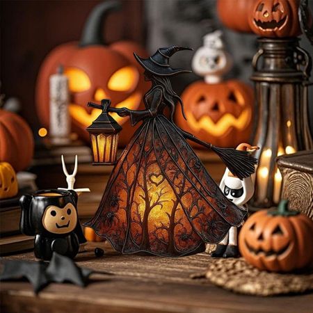 Halloween Witch Lantern Figurine – Spooky Decor with LED Light and Broomstick